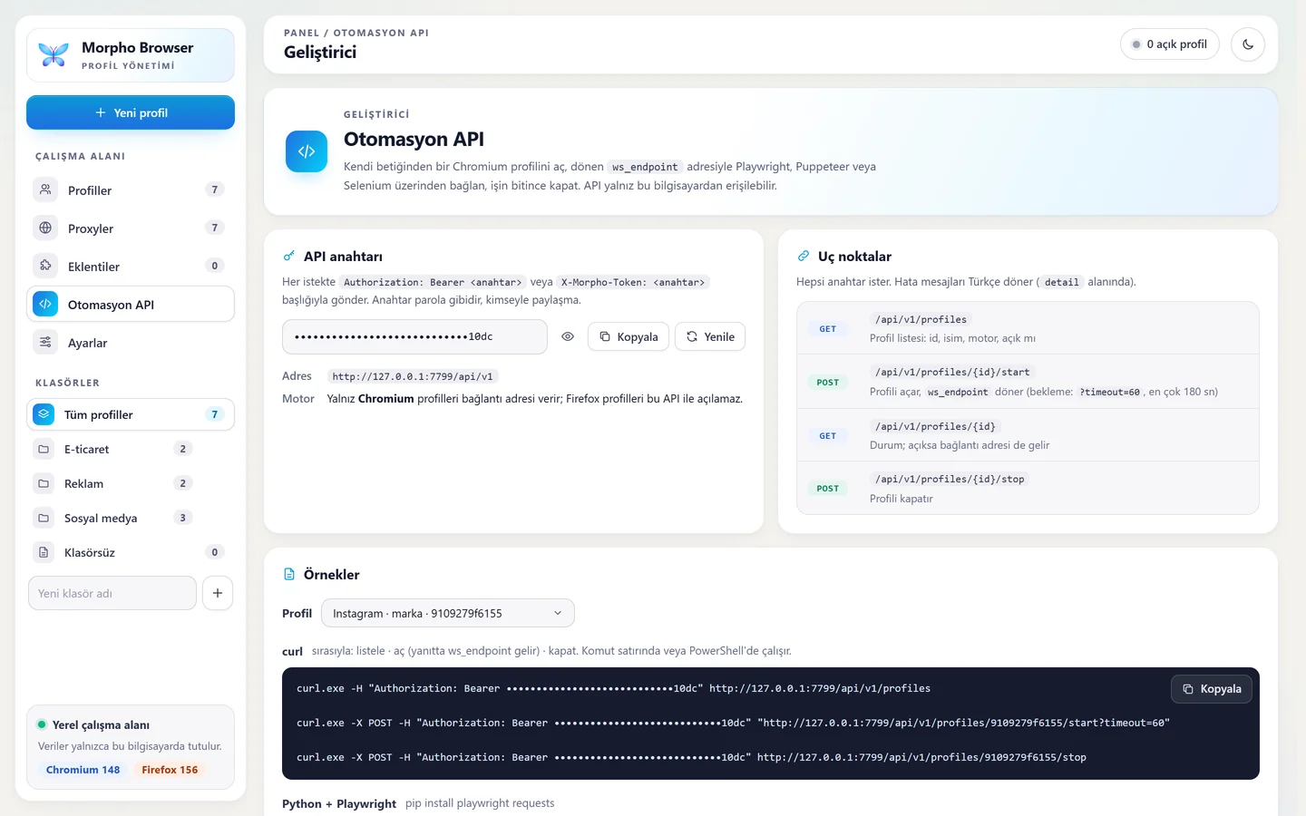 Otomasyon API sayfası: API anahtarı ve uç noktalar