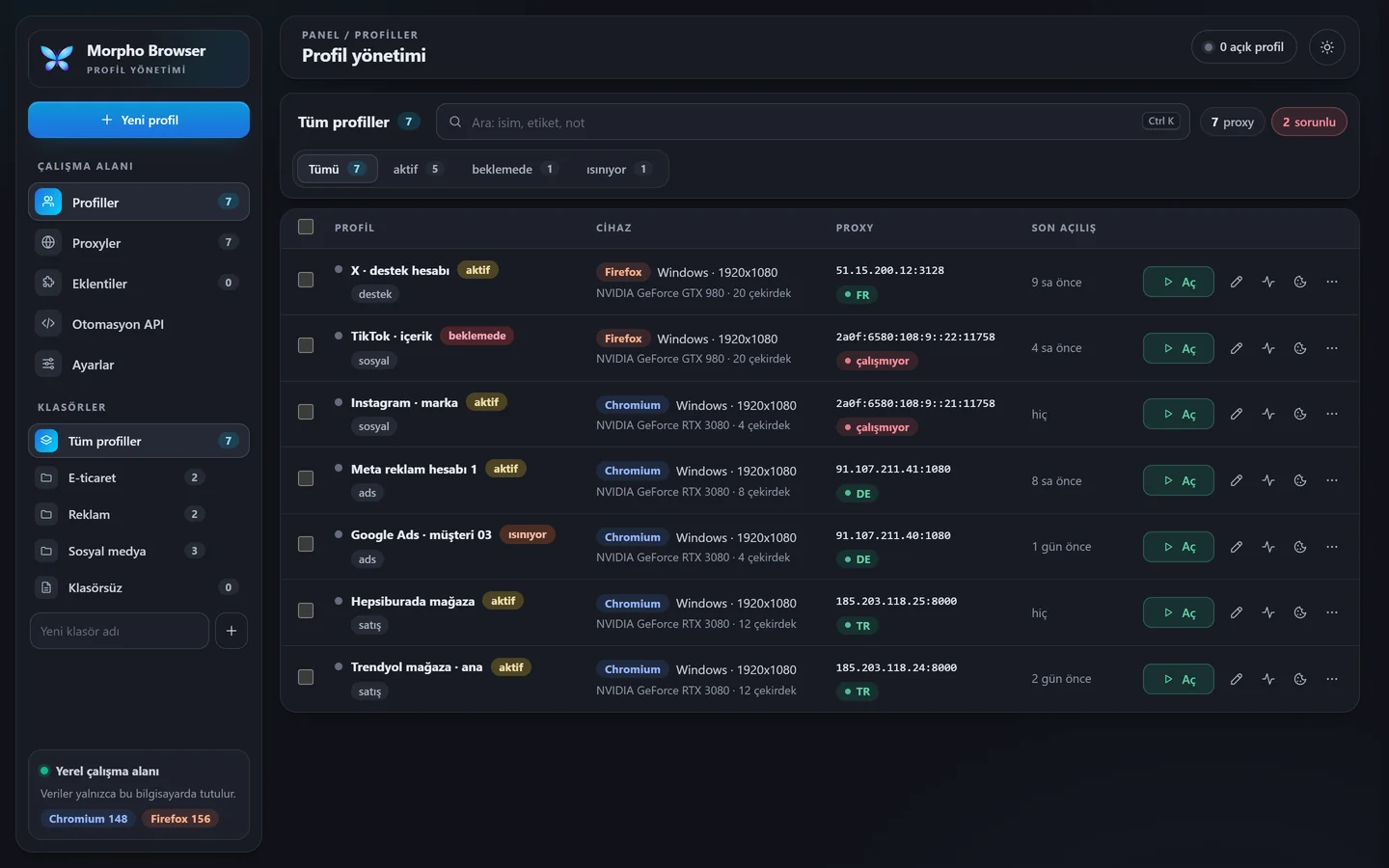 Panelin koyu teması: profil listesi