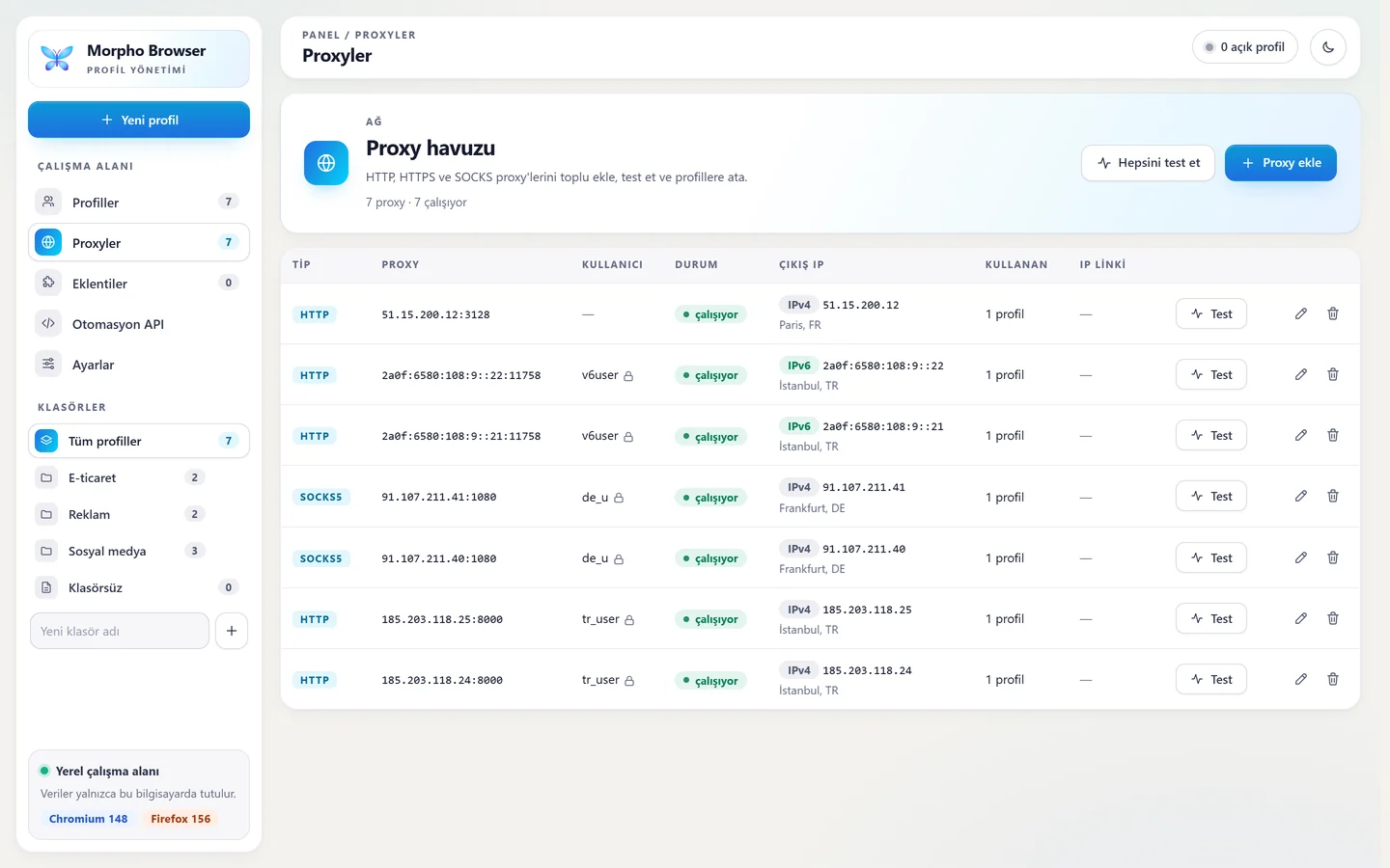 Proxy havuzu: türü, durumu, çıkış IP'si ve konumuyla proxy listesi